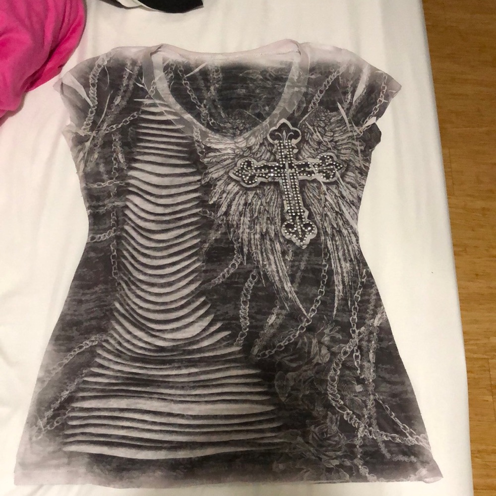 Gray and white T-shirt with a rhinestone cross